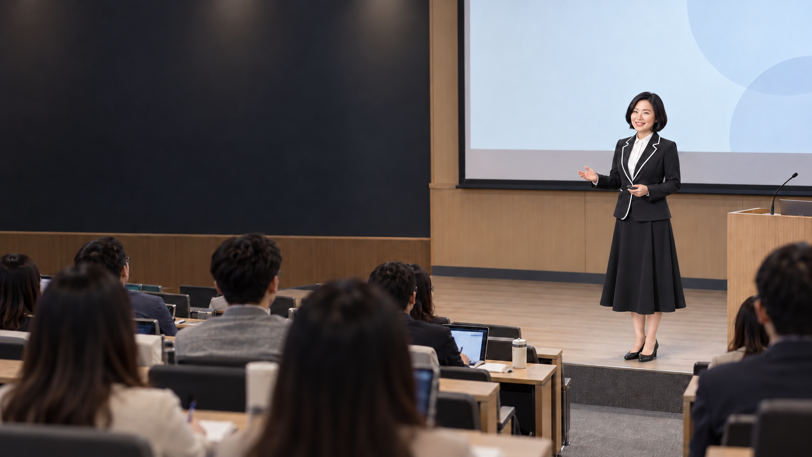 A라인 스커트를 입은 니카쌤이 계단형 강의실에서 설명하는 AI 연출 이미지